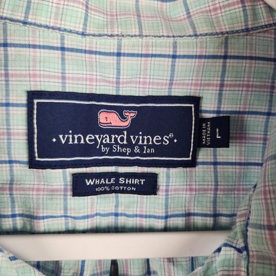 Vineyard Vines Whale Shirt Mens Large Blue Pink Plaid Button Down Cotton Logo