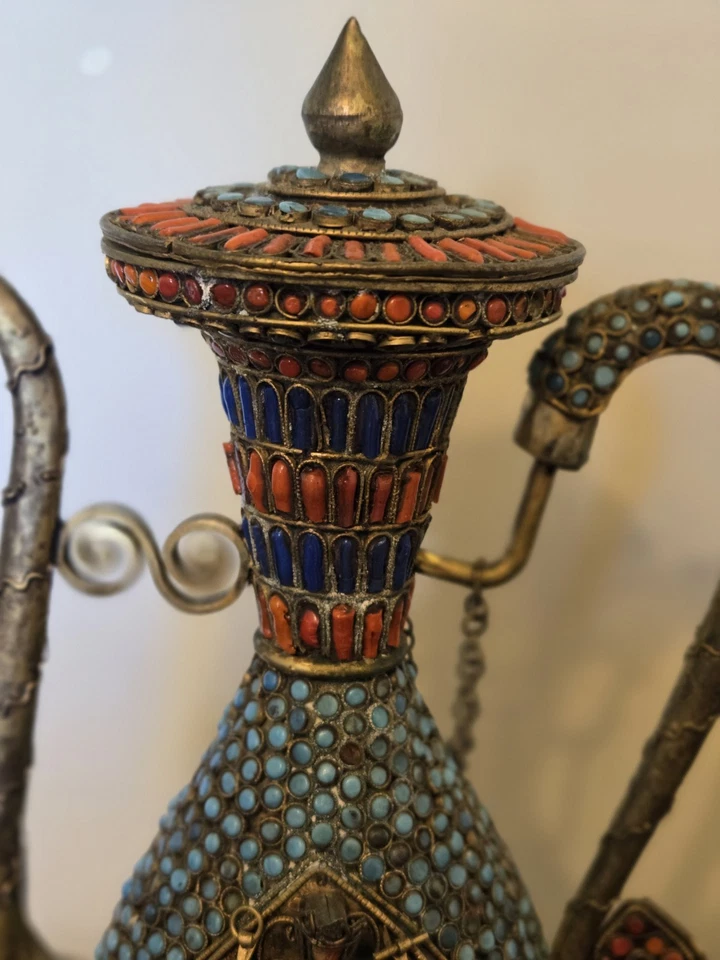 antique early 19th century handmade Tibetan coral turquoise bronze pitcher pot - Image 2 of 4