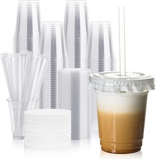 J CHEF Clear Plastic Cups with Lids and Sts, Disposable Iced Coffee