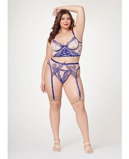 Sheer Floral Embroidered Bustier Set with Garter  Thong   Blue/Nude 1X/2X 