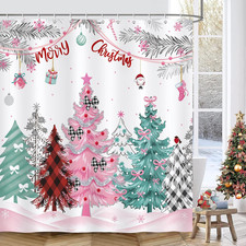 Christmas Shower Curtain - Pink  Green Xmas Tree Holiday Decor 72x72 Inch
