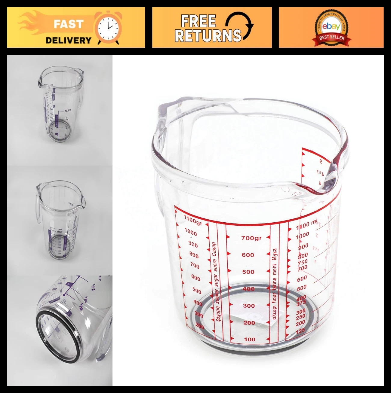 1100ml Measuring Cup Jug for Sugar Flour - Non-Slip Base Acrylic Pitcher