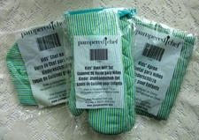 Pampered Chef Kids’ Set: Apron, Hat, 2 Mitts, Turquoise / Green / White Stripe