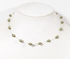 Kalan Green Glass Faux Pearl Station Wire Necklace 16" Choker Dainty