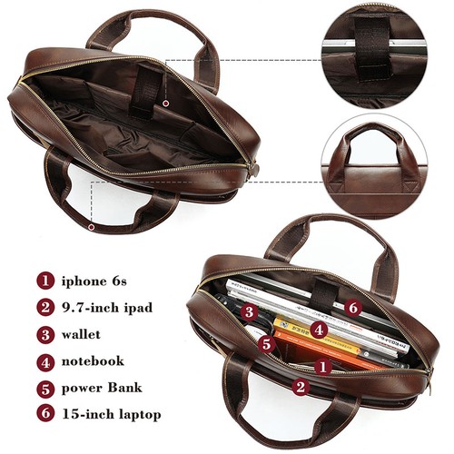 Vintage Men Laptop Briefcase Genuine Leather Business Travel Work Shoulder Bag - Picture 3 of 11