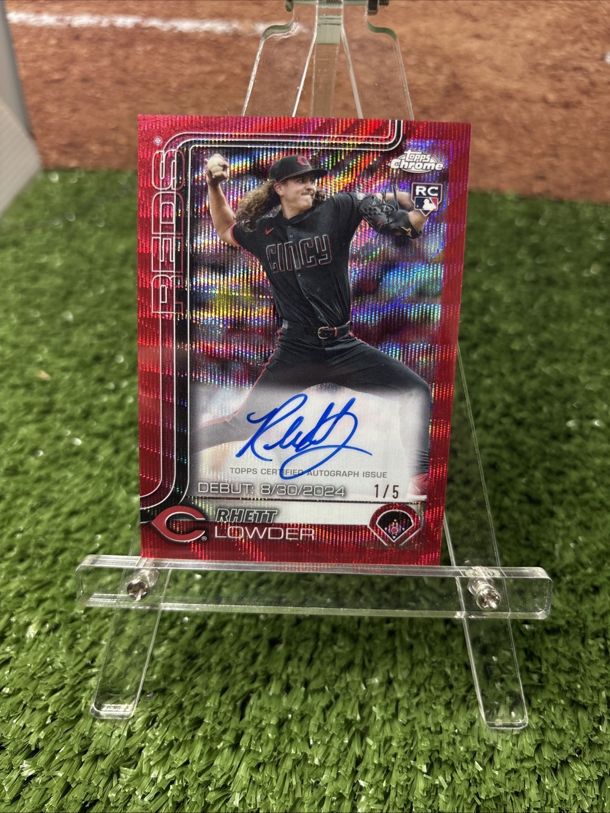 Rhett Lowder 2025 Topps Chrome Baseball Red Wave Refractor Rookie Auto #1/5 Reds