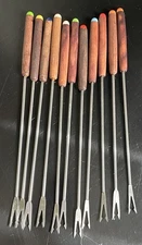 Vintage Set Of 11 Stainless Steel Fondue Forks Wood Handle Color Coded Japan MCM