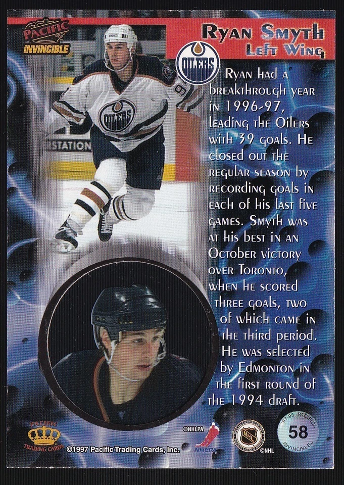 Ryan Smyth 1997-98 Pacific Invincible #58 Edmonton Oilers NHL Hockey Sports Card - Image 2 of 2