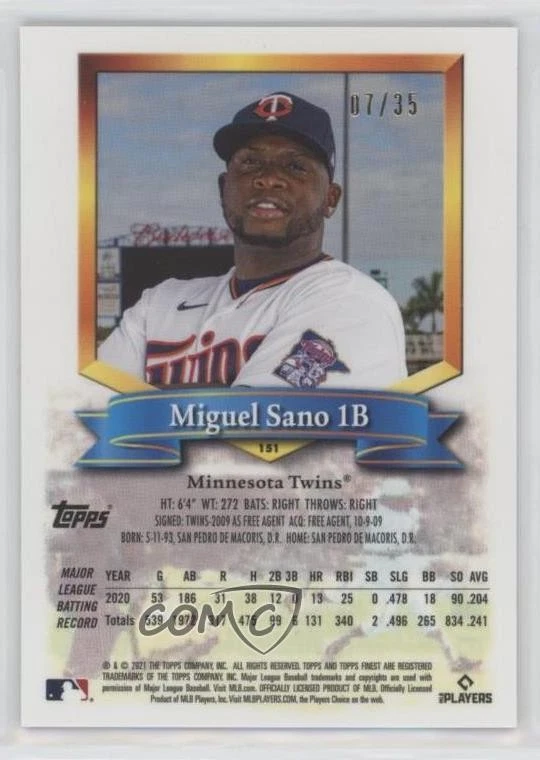 2021 Topps Finest Flashbacks Prism Refractor /35 Miguel Sano #151 - Image 2 of 2