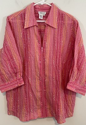Coldwater Creek top blouse womens 2X Pink Striped Zip up Tunic 3/4 Slv Textured