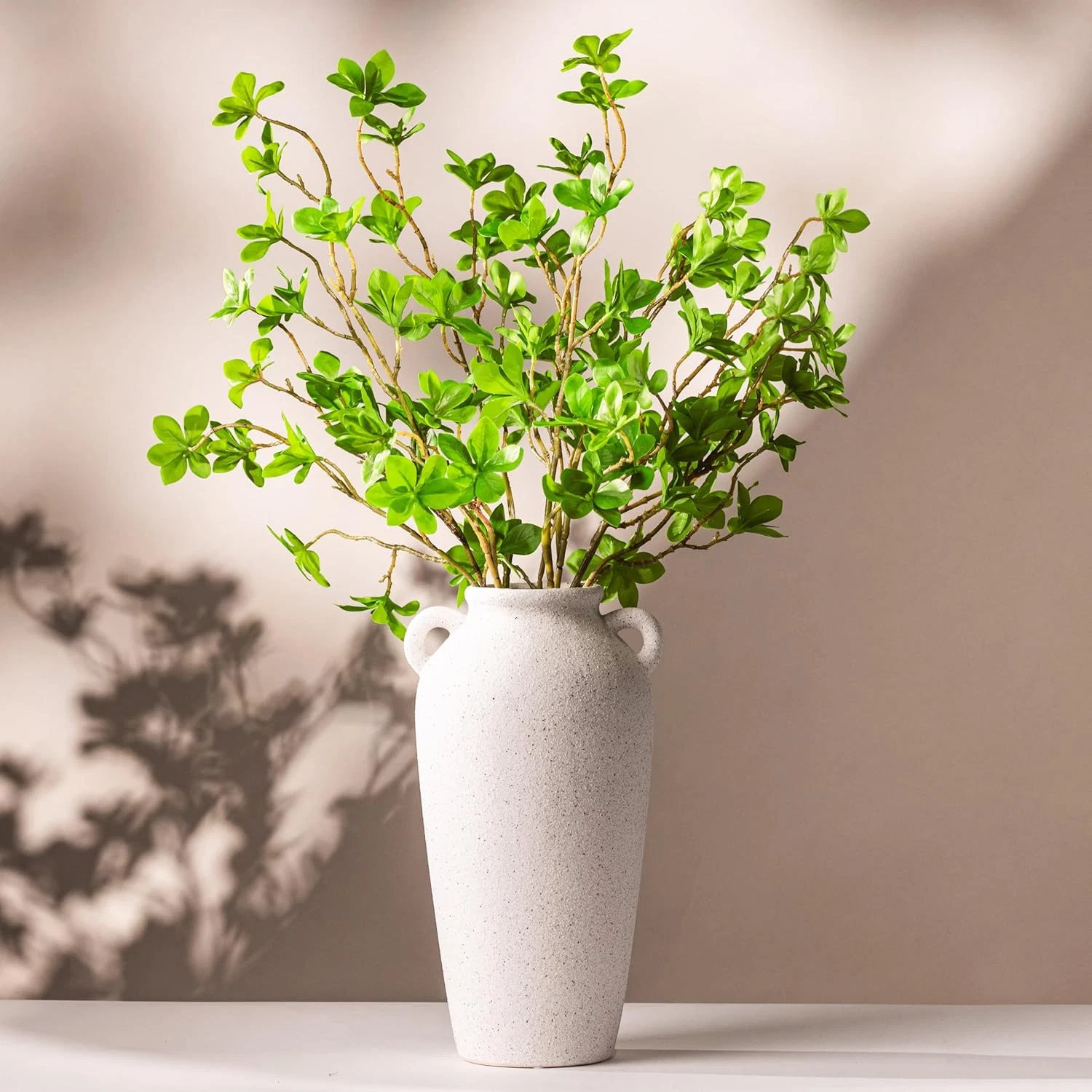12" White Ceramic Vase with 5 Faux Greenery Stems - Farmhouse Decor