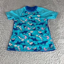 Lands' End Boys Blue Shark Rash Guard Swim Shirt Size L 14 Short Sleeve Teal