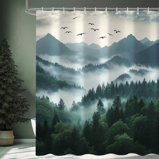 Green Mountain Forest Shower Curtain, Rustic Woodland Trees, Waterproof, 72x72