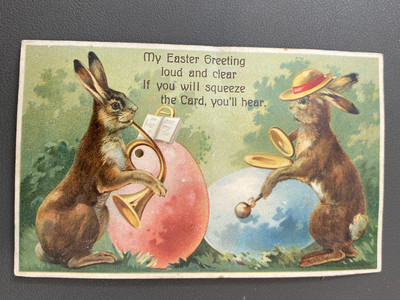 Easter Rabbit Play Music Fantasy Squeaker Novelty c1910 Postcard