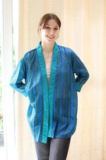 Pure Silk Short Kimono Duster Jacket Cardigan Cape Loose Robe Blue PS KMS3589