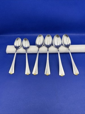 Rogers COUNTRY SHELL GOLD Soup Teaspoon Glossy Gold Tip Flatware Silverware Lot6