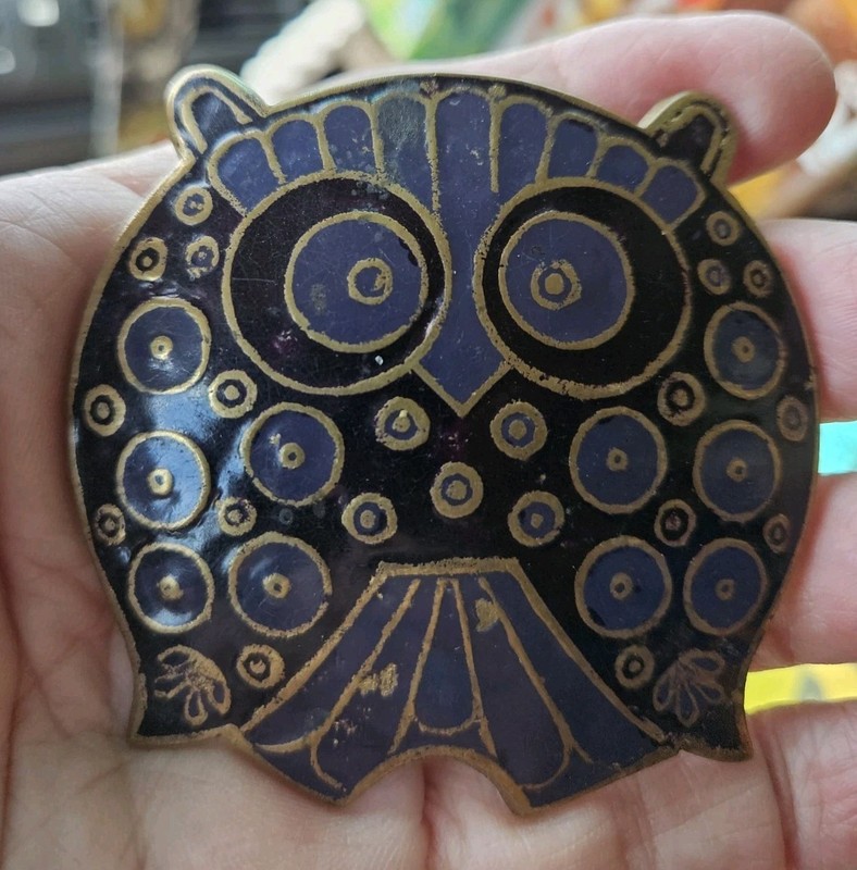 MCM Brass Enamel Owl Pendant Champleve Lee Bernay Pendant Necklace