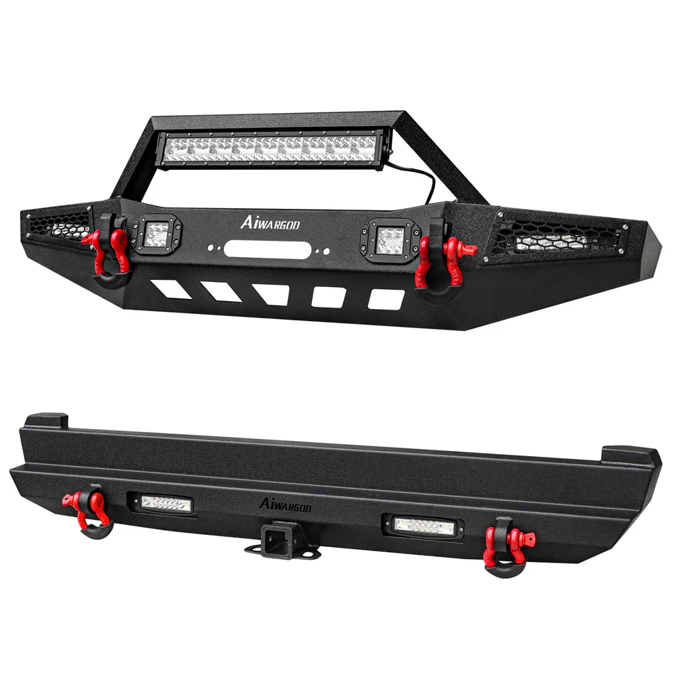 Parachoques delantero trasero para Jeep Cherokee XJ 1989-2001 con luces LED anillos en D asiento de cabrestante Foto 4 de 4