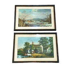 Currier Ives Framed Prints 2 Village Blacksmith - Old Grist Mill 15" x 10.5" VTG