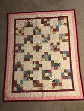 New Handmade Nine Patch Lap Quilt 44 x 55 inches Pinks Blues Maroon Creams