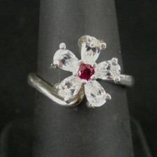Ring Silver Flower Cubic Zirconia Petals Pink Center Sterling 925 Size 6.75