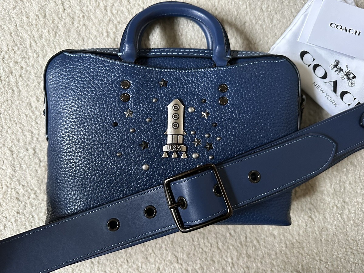 NEW COACH BLUE CUSTOM ROCKET EMBELLISHED SLIM BRIEF 25 ROGUE RARE