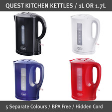 Quest Kettles / 1L & 1.7L / 5 Separate Colours / BPA Free / Hidden Cord Storage