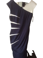 Gina Bacconi Dress Women Size12 Navy Blue/ White Bodycon Long Lined Party Formal