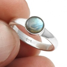Round Natural Labradorite Solid Sterling Silver Band Daughter Bezel Ring US 6