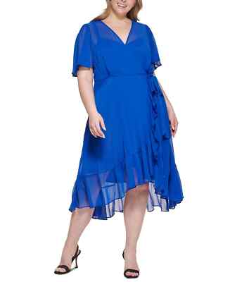 Calvin Klein Women's Plus Size Blue Ruffled Faux-Wrap Dress 14W Blue 