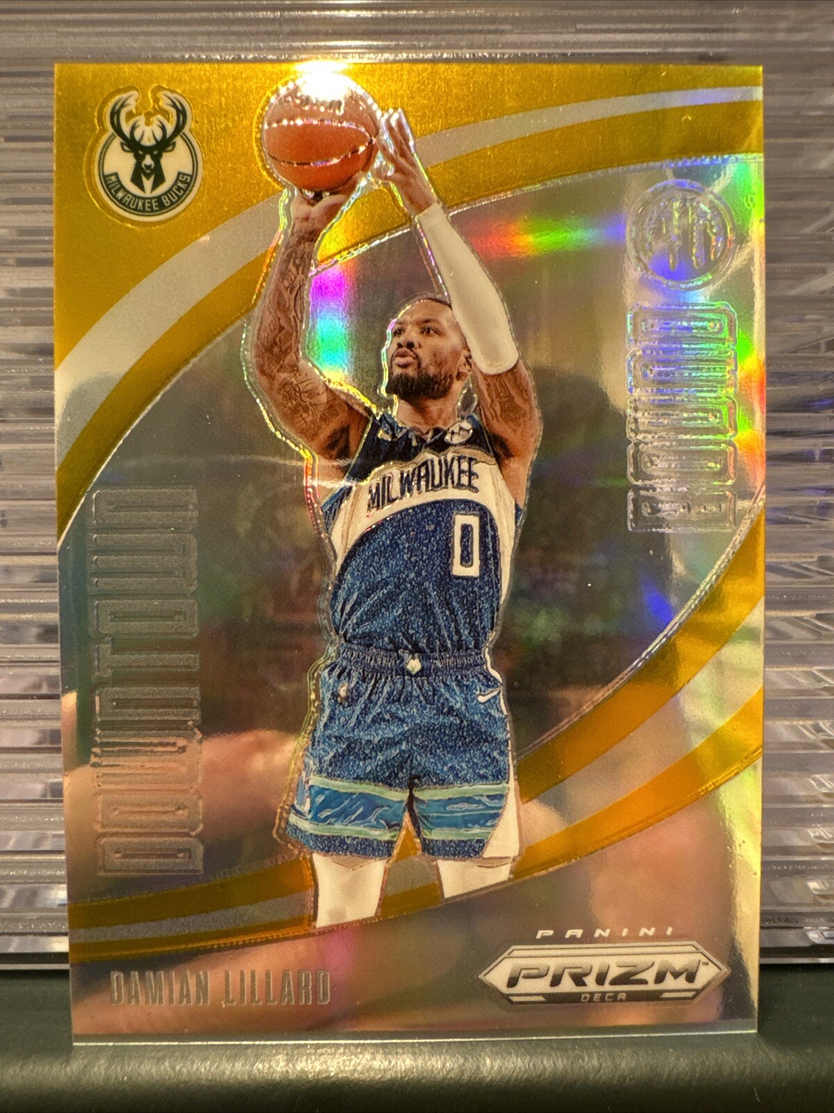 Damian Lillard 2023-24 Prizm DECA Downtown Bound Gold /10 Milwaukee Bucks