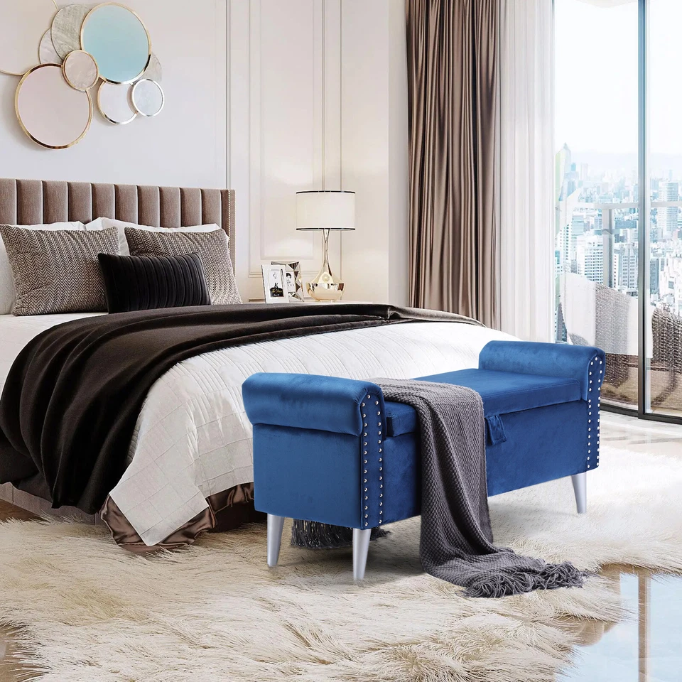 Multifunctional Storage Bench Chair Velvet Sofa Stool Bedroom Ottoman w/ Armrest - Image 3 of 4