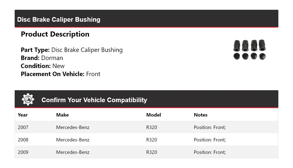 适用于 2007 - 2009 梅赛德斯 - 奔驰 R320 Dorman 盘式制动卡钳衬套前 2008 — 第 2/4 张图片