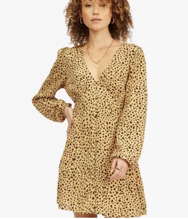Billabong Dress Mini V Neck Cheetah Tie Waist Button Front Women M