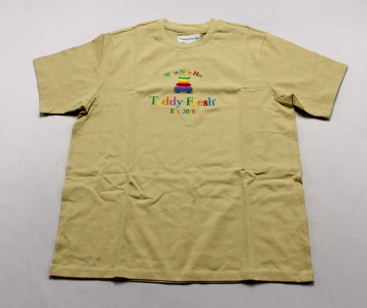 Teddy Fresh Unisex Adult's We're New Here Rainbow T-Shirt RP9 Yellow Medium  NWT