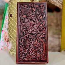  Western Wallet Rodeo Cowboy Floral Handtooled Real Leather bifold Brown & Tan 