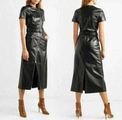 Femmes Noir Cuir Véritable Robe Slim Fit Complet Fermeture Éclair Ceinture Robe - Photo 1/4