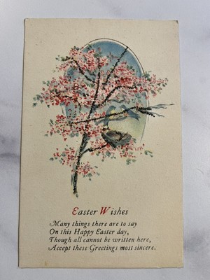 Vintage Easter Wishes Postcard Cherry Blossom Birds Divided Back Unposted