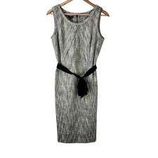 TALBOTS Linen Blend Tweed Look Black White Sleeveless Dress SZ 6 Pockets Belt