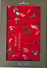 Christmas Boxed Cards RED Mistletoe with Gold Foil & Red Glitter Accents 16 pcs