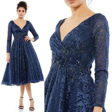 Mac Duggal 112181 Navy Blue Long Sleeve Floral Midi Tea Length Formal Dress 4