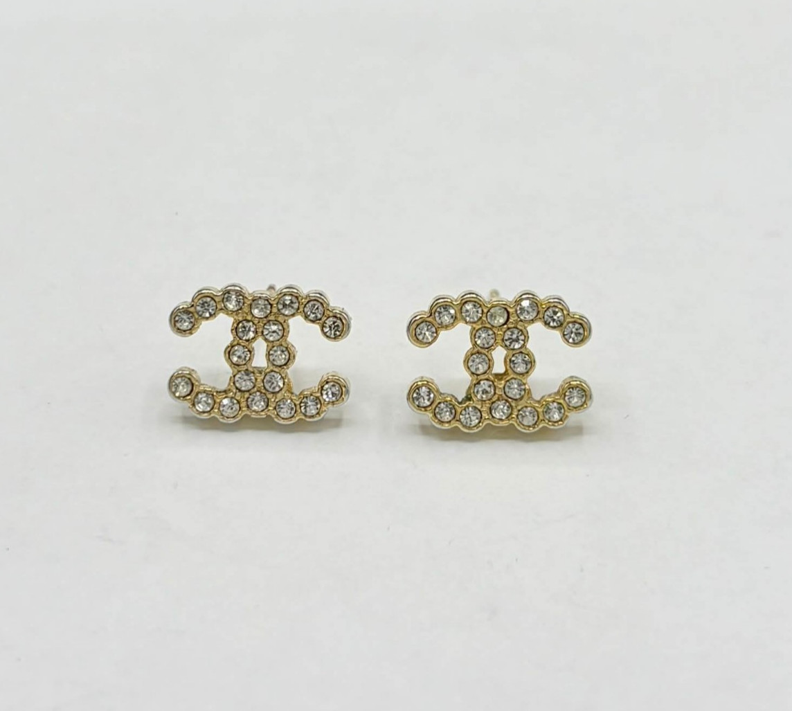 CHANEL CC Logos Rhinestone Stud Earrings Gold Tone 925