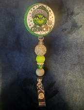 Grinch Retractable ID Badge Holder Reel Clip Green Silver White Plastic Metal