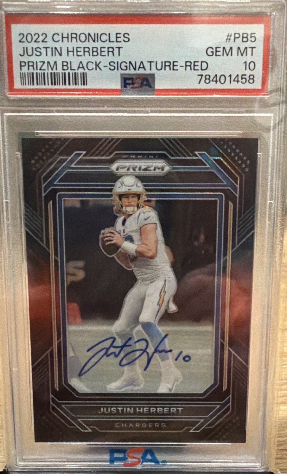 Panini 2022 Chronicles Prizm Black Justin Herbert Red Signatures /99 PB5 PSA 10