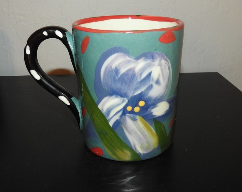 Vintage Hand Painted Ceramic Coffee Mug Floral Design Dotted Handle Signed Base