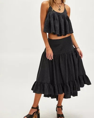Free People Enzo Midi Skirt India Ink Ruffle Banded Waist Tiered Summer New L