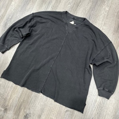 Aerie Oversized Distressed Crewneck Sweatshirt Charcoal Grey V-Stitch Size L