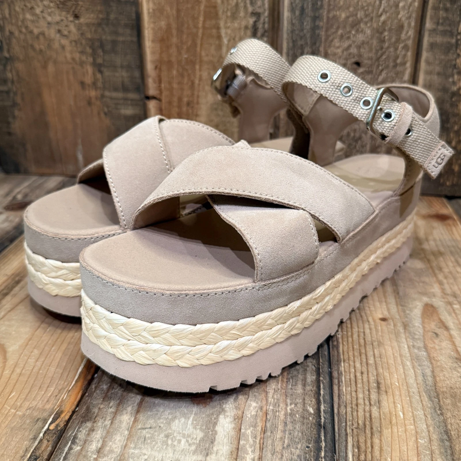 SANDALI UGG AUBREY CAVIGLIA 2" PLATEAU DONNA US 10 SCAMOSCIATI RAFIA ~ BEIGE SABBIA