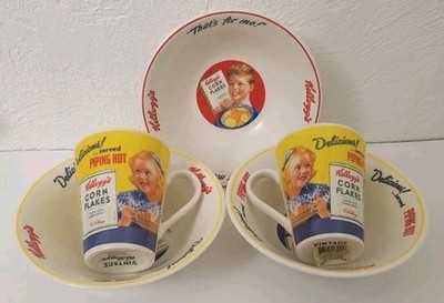 Kellogg's Corn Flakes 3 Bowl + 2 Mug Lot -  2006 Ceramic Cereal Bowls  L86