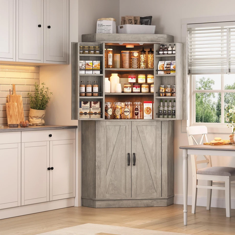 Mueble Esquinero, Despensa Cocina Almacenaje Armario con 4 Puertas y Estantes,... Foto 4 de 4